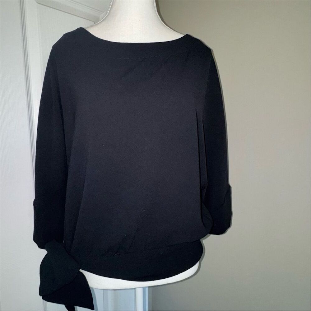 Trina‎ Turk Women's “On the Rocks” Rich Black Boat Neck Blouse Small Tie Detail